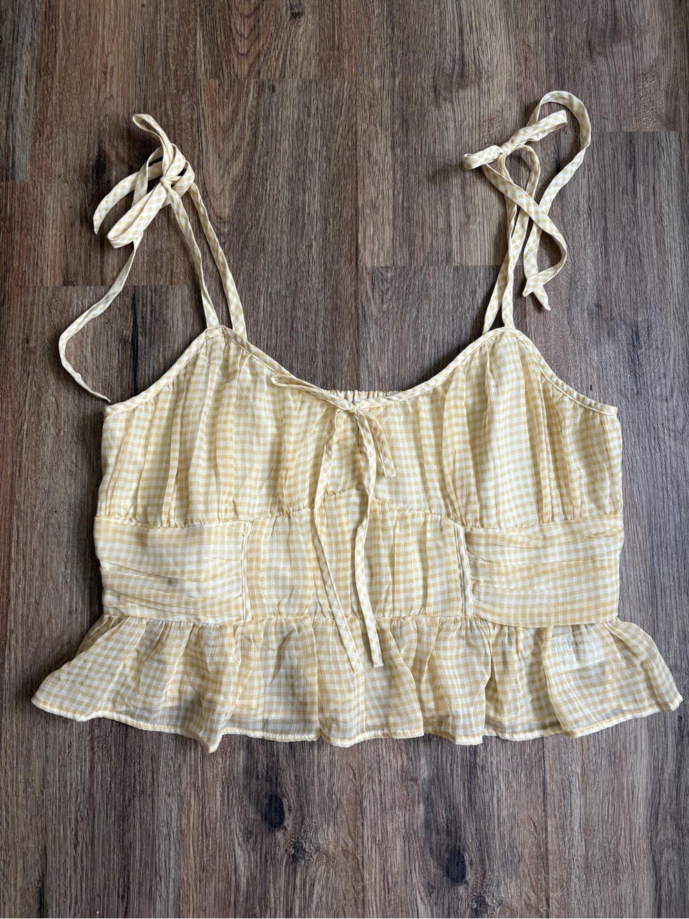 American Eagle Gingham Tie Strap Tank Top Women’s XL Yellow Smocked Back Peplum